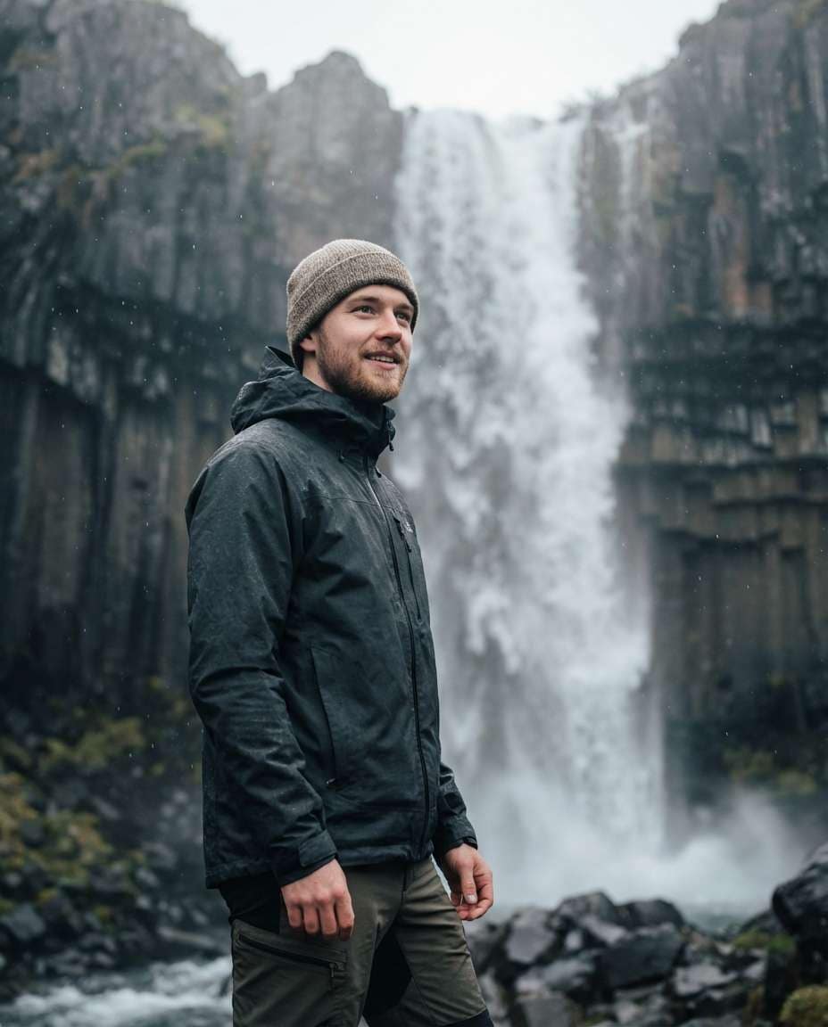 Iceland Waterfall Mist AI portrait example — AI Travel Photography Prompt