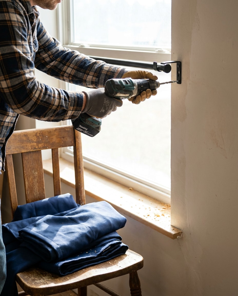 Installing Curtain Rod AI portrait example — Gemini AI Curtain Image Prompts
