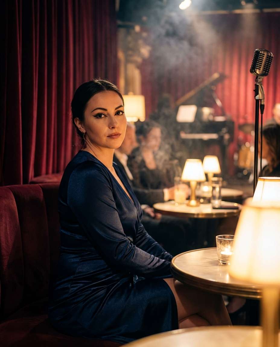 Jazz Club Velvet AI portrait example — Gemini AI Singer Photo Prompts