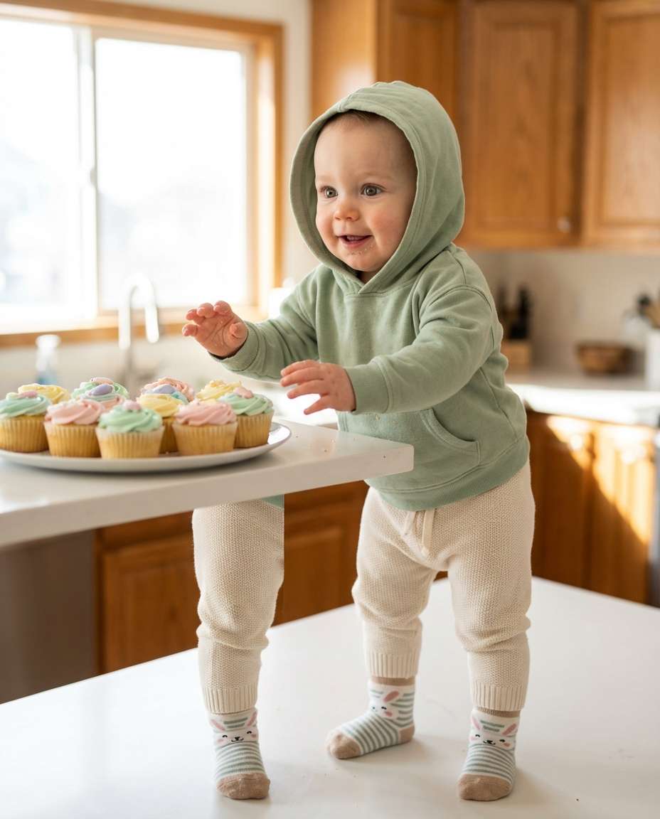 Kitchen Counter Cupcakes AI portrait example — AI Easter Baby Photography Prompt