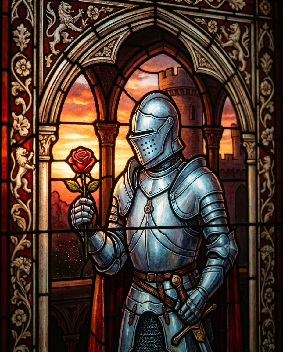 Knight and Roses AI portrait — Gemini AI Stained Glass Art Prompt