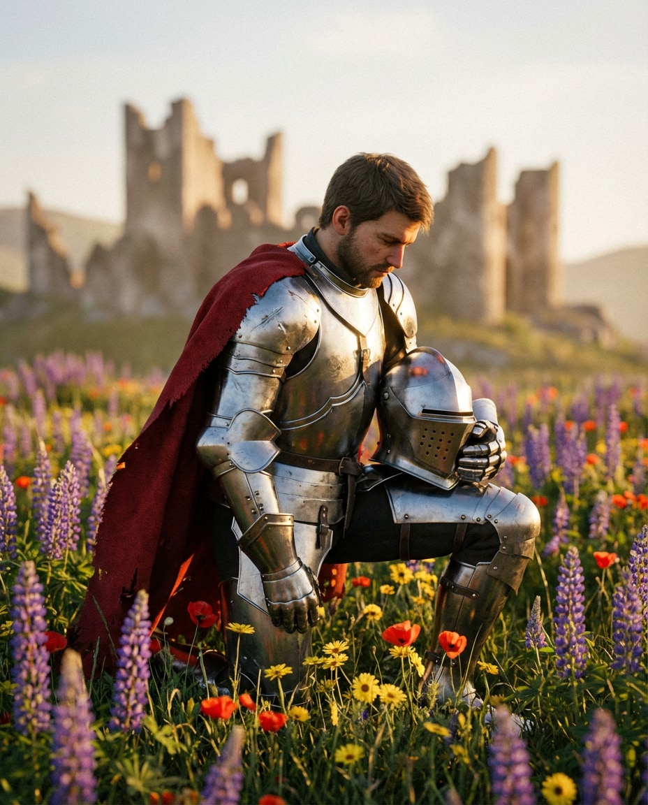 Knight in Wildflowers AI portrait — Gemini AI Fairytale Prompt