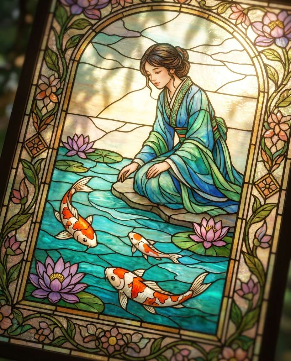 Koi Garden Calm AI portrait — Gemini AI Stained Glass Art Prompt