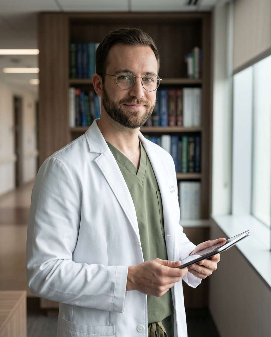 Lab Coat and Glasses AI portrait example — AI Doctor Photography Prompt