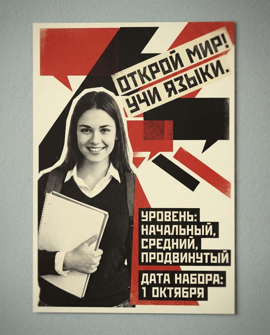 Language School Push AI portrait — Gemini & ChatGPT AI Constructivism Poster Prompts