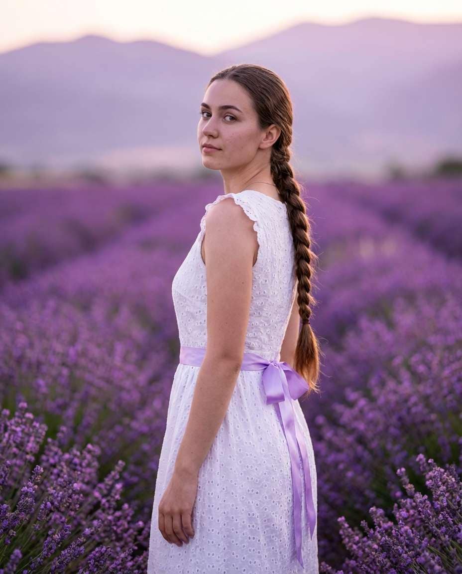 Lavender Farm Calm AI portrait example — AI Flower Photo Prompt for Girls