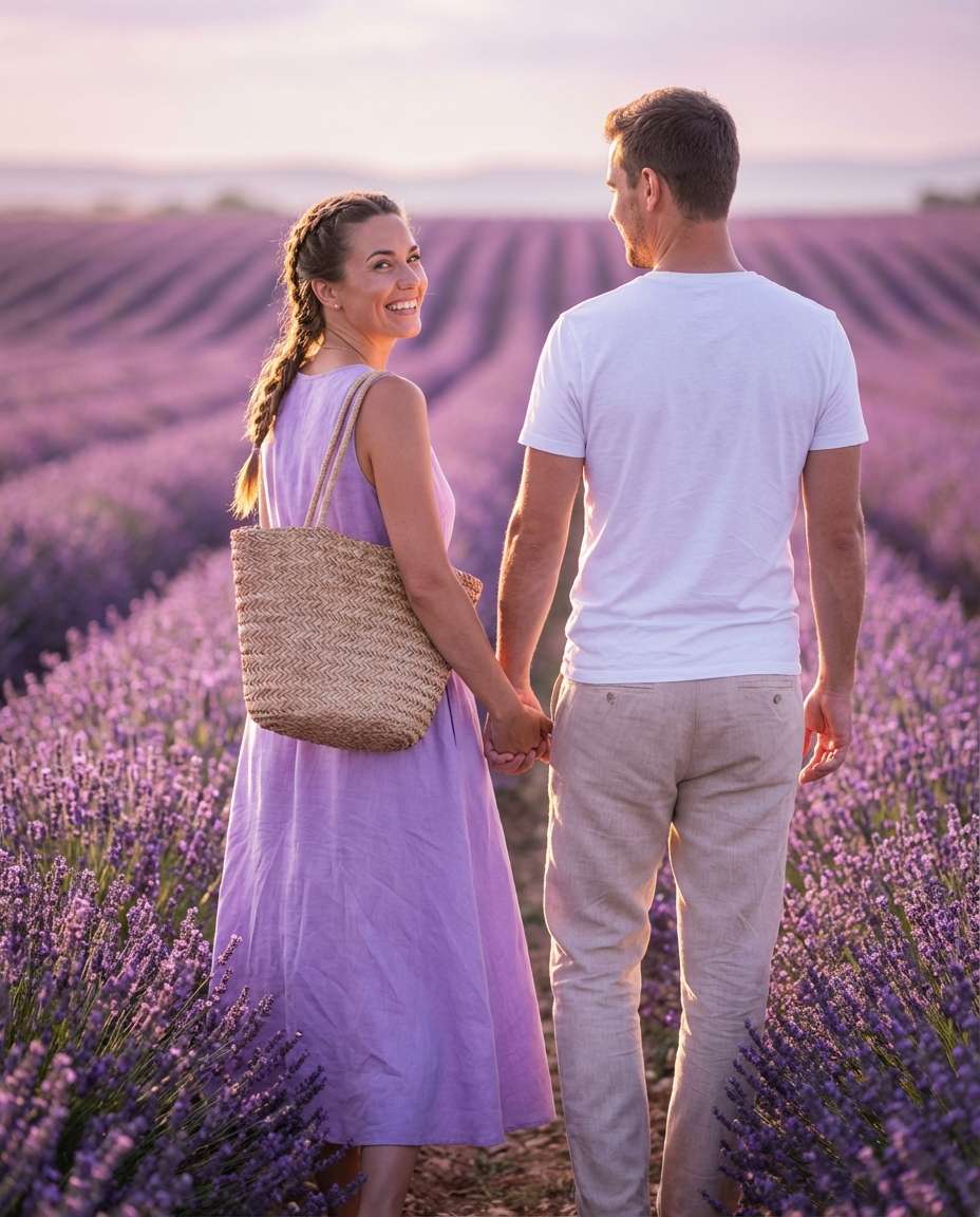Lavender Field Sunset AI portrait example — AI Couple Flower Photo