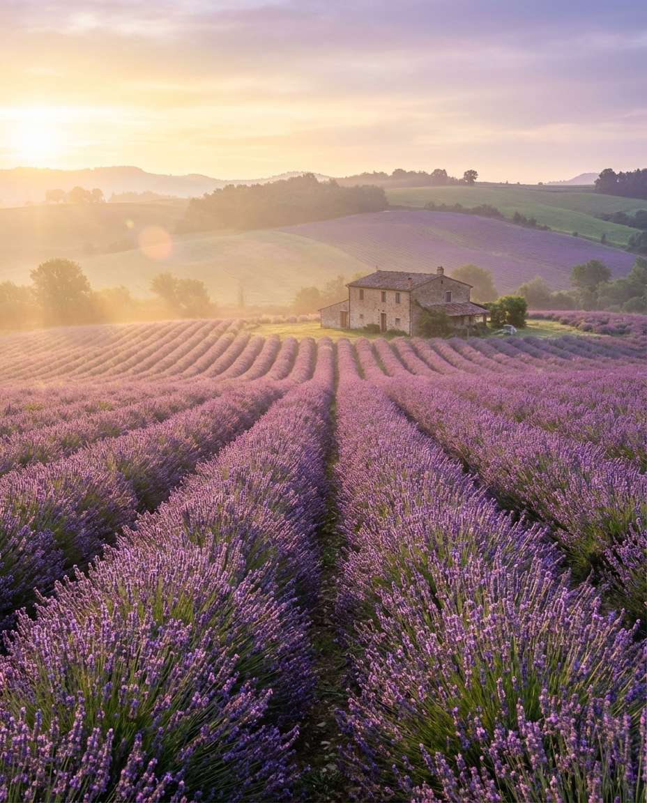 Lavender Hills Sunset AI portrait example — Gemini AI Landscape Photo Prompt
