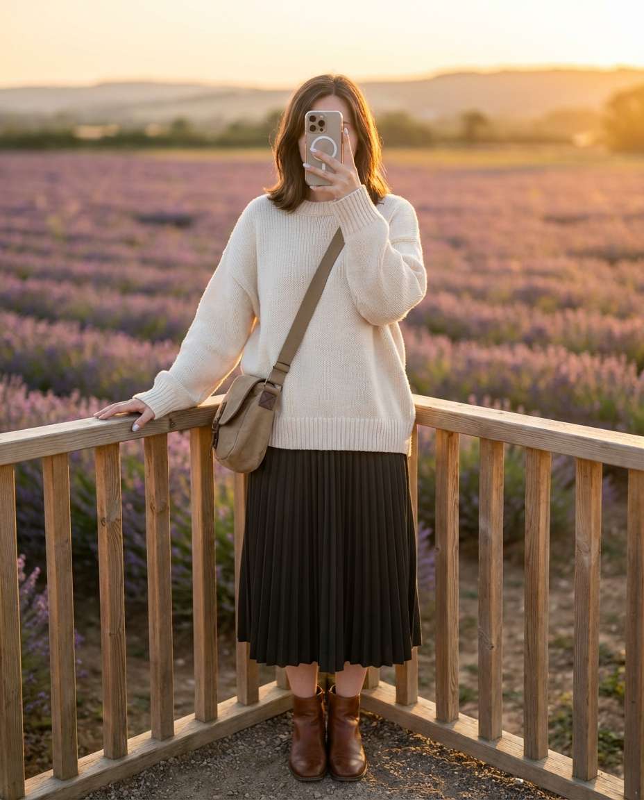 Lavender Mirror Selfie AI portrait example — AI Lavender Field Photo