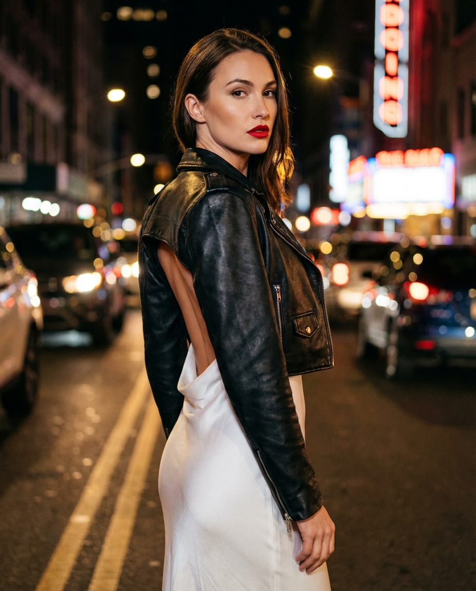 Leather Jacket Contrast AI portrait — Gemini AI Backless Dress Prompt
