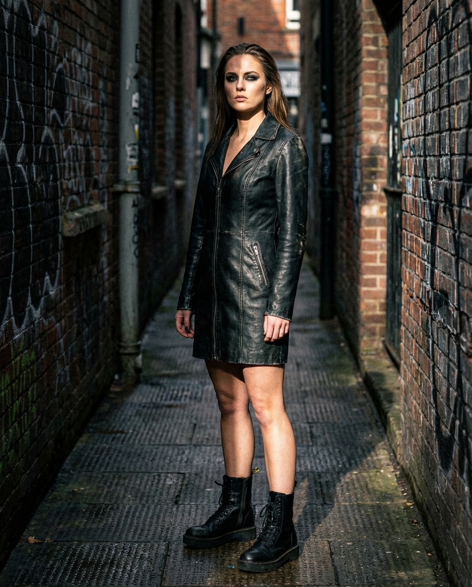 Leather Mini Edge AI portrait — Gemini AI Short Dress Prompt