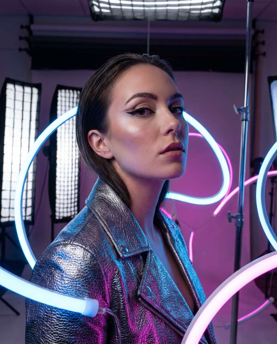 LED Panel Studio Fashion AI portrait example — AI Neon Light Effect Photo Prompt