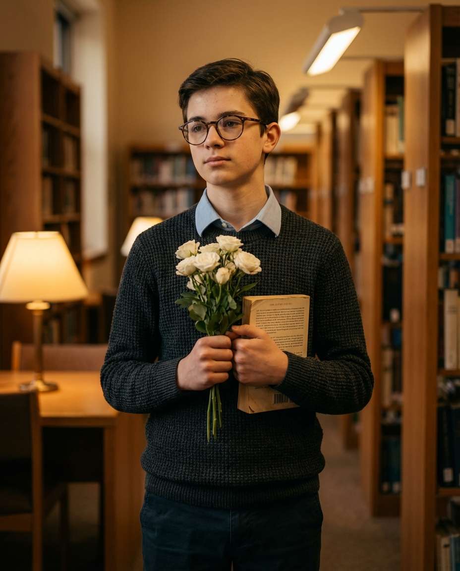 Library Quiet Bouquet AI portrait example — Gemini AI Flower Photo Prompt for Boys