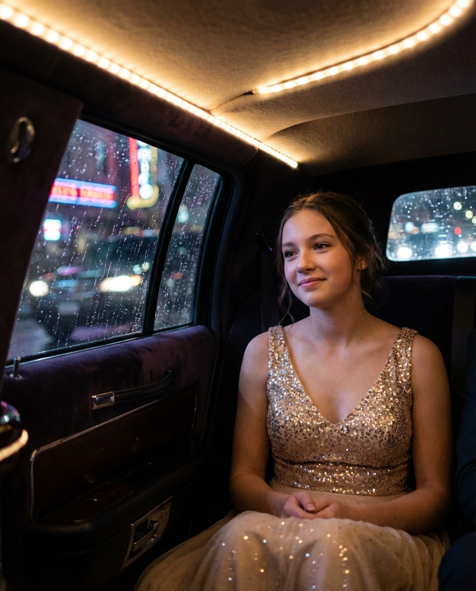 Limo Window Glow AI portrait example — Gemini AI Prom Dress Prompt