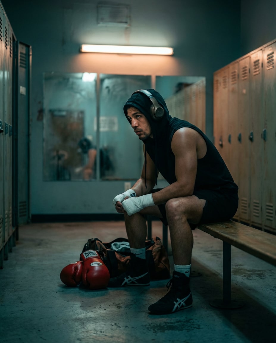 Locker Room Calm AI portrait — Gemini AI Boxing Photo Prompts