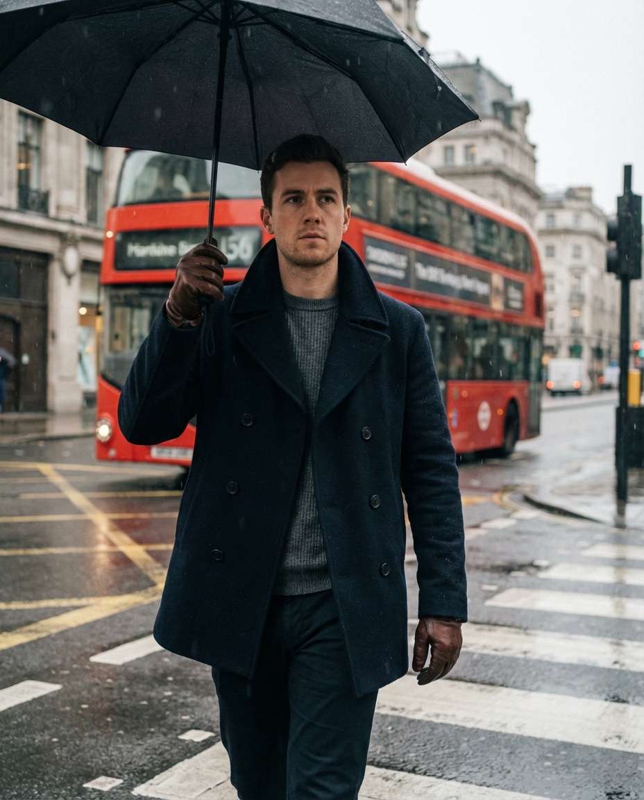 London Rainy Street AI portrait example — AI Travel Photography Prompt