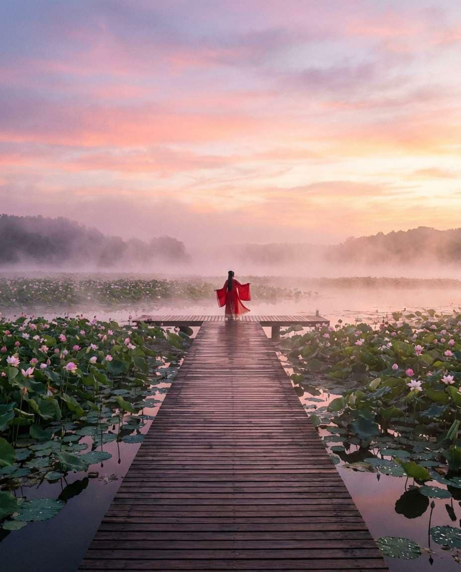 Lotus Lake Landscape Human AI portrait example — AI Lotus Flower Photo Prompt