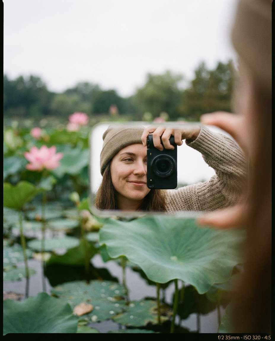 Lotus Pond Reflection Selfie AI portrait example — AI Lotus Flower Photo Prompt