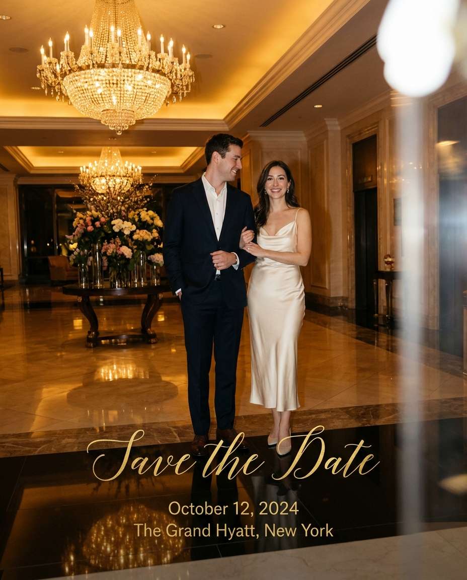 Luxury Hotel Lobby AI portrait — Gemini AI Save The Date Prompt