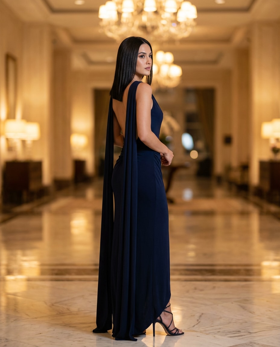 Luxury Hotel Lobby AI portrait — Gemini AI Backless Dress Prompt