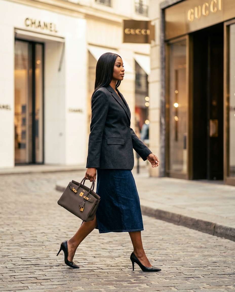 Luxury Shopping District AI portrait — Gemini AI Denim Skirt Prompt