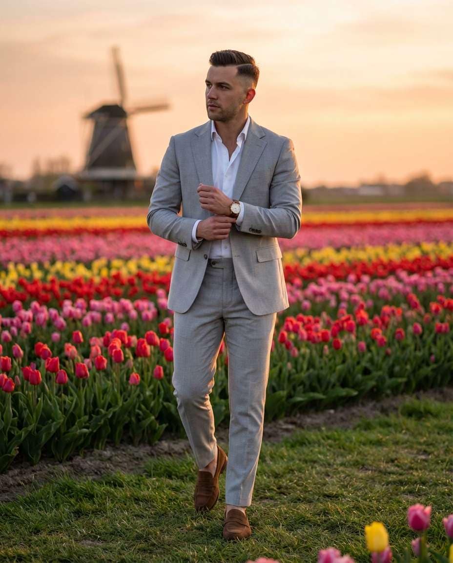 Luxury Travel Vibe AI portrait example — AI Tulip Garden Photography Prompt