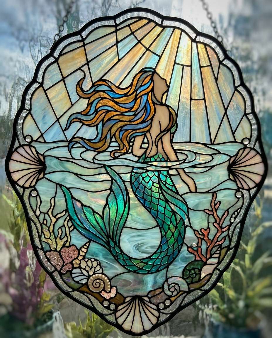 Mermaid Lagoon Panel AI portrait — Gemini AI Stained Glass Art Prompt