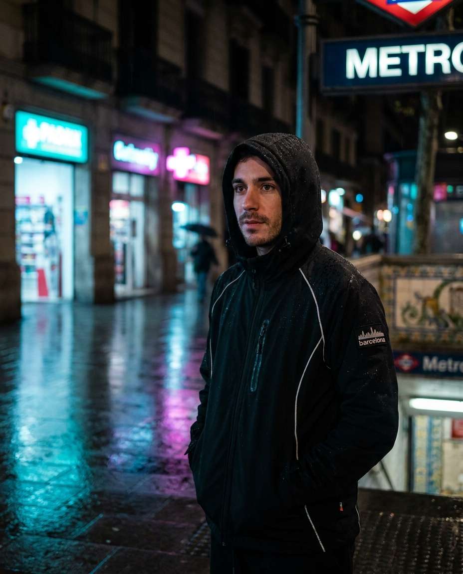Metro Night Neon AI portrait — Gemini AI Barcelona Hoodie Prompt