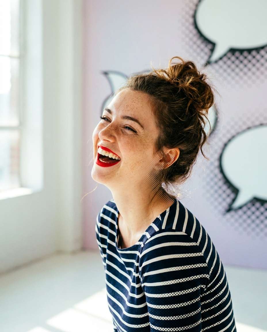 Mid-Laugh Halftone AI portrait example — Gemini AI Pop Art Prompt: 25+ Portrait Ideas