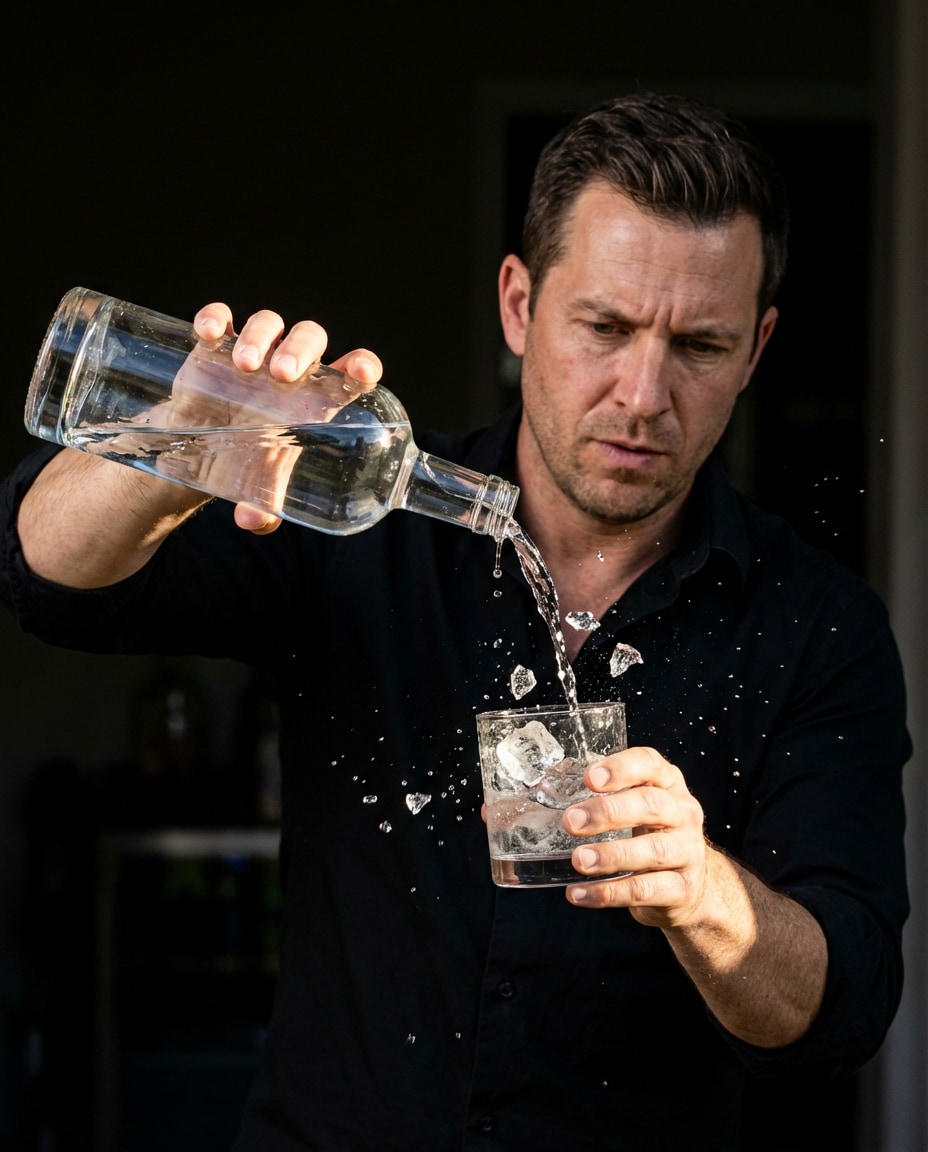 Mid-Pour Ice Crash AI portrait example — Gemini AI Bartender Photo Prompts