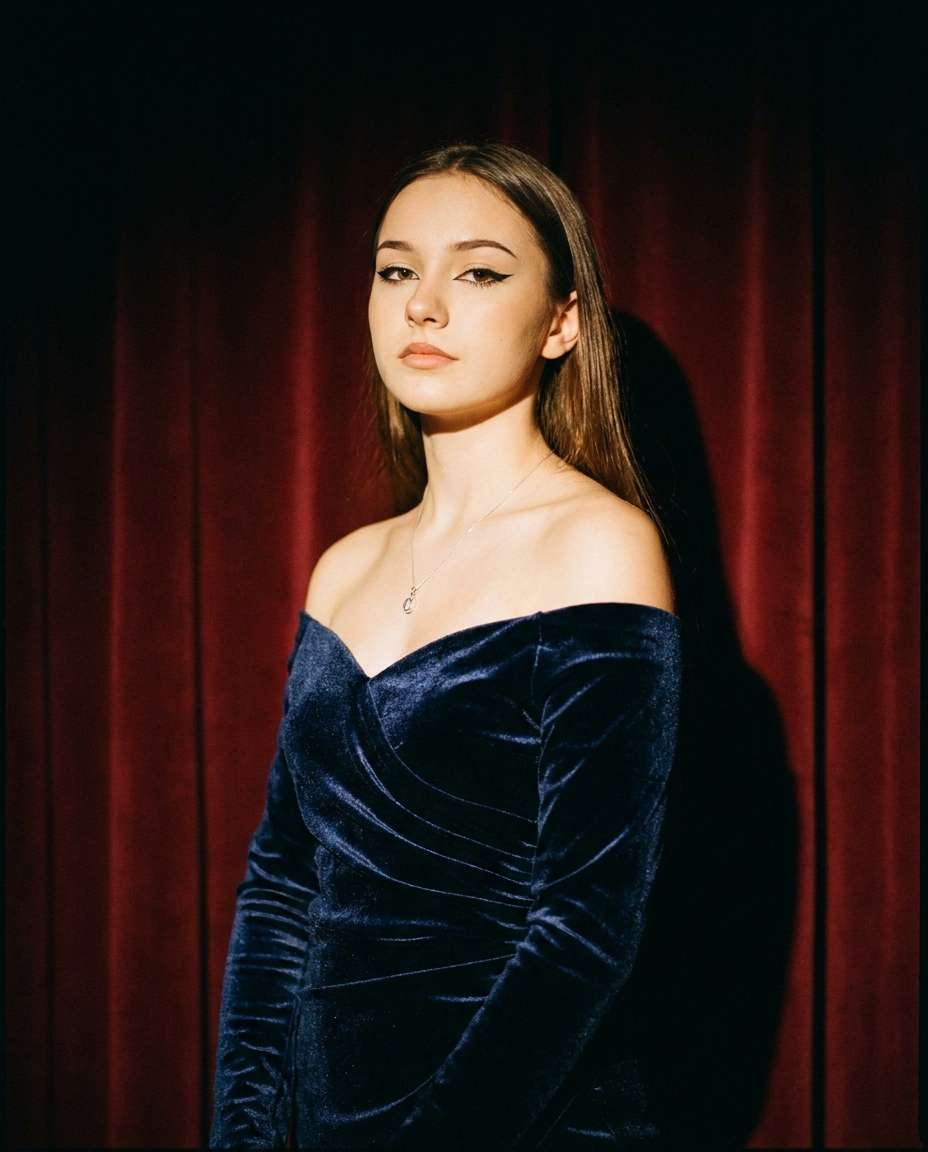 Midnight Blue Velvet AI portrait — Gemini AI Prom Dress Prompt