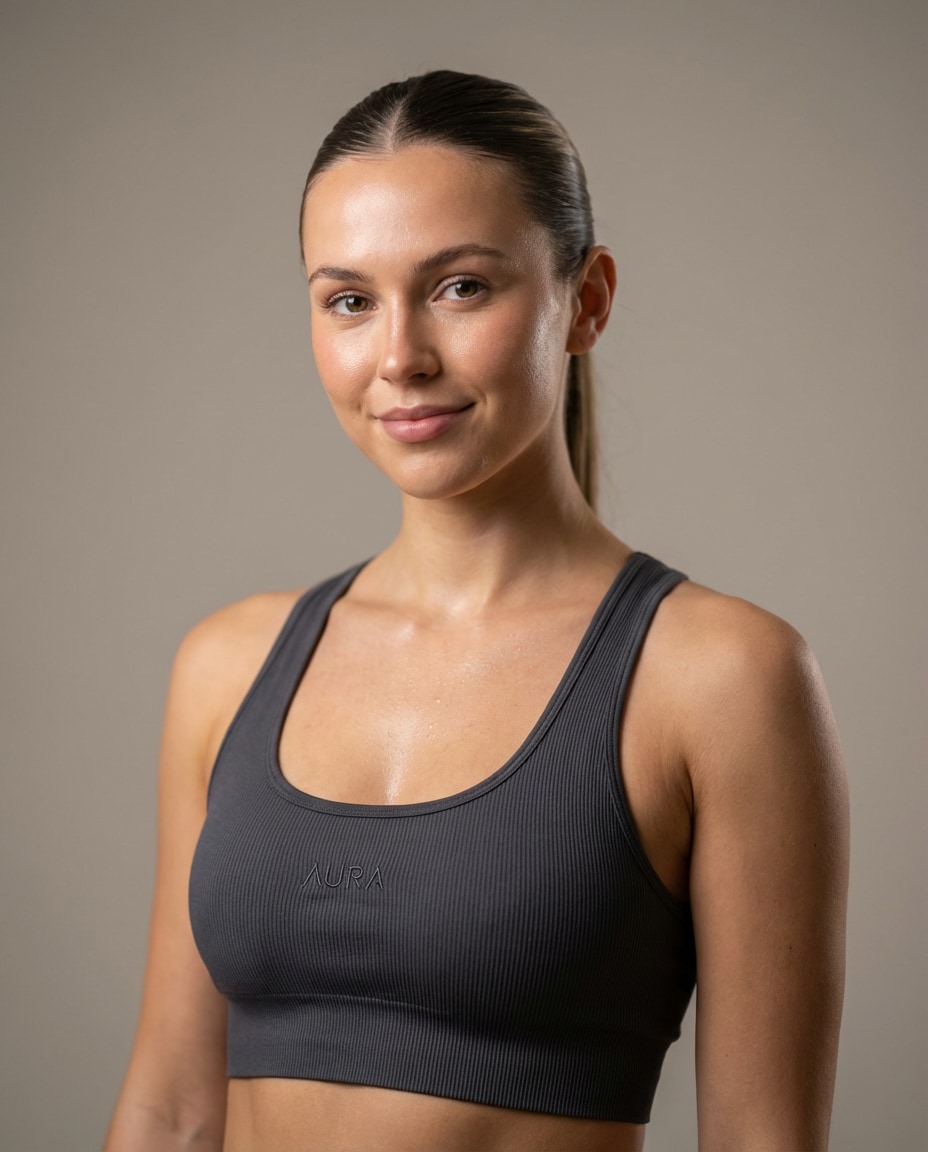 Minimal Sports Bra Close AI portrait example — Gemini AI Prompt for Workout Clothes