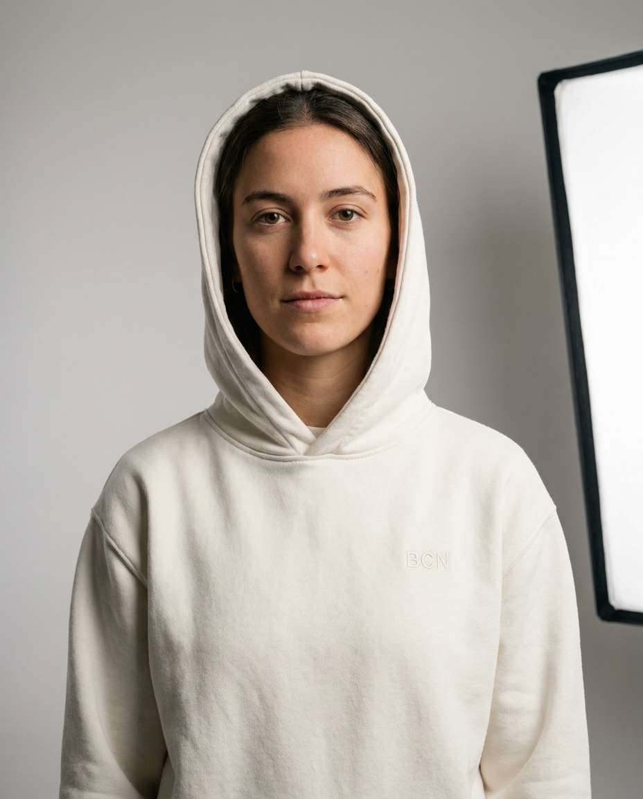 Minimal Studio Clean AI portrait — Gemini AI Barcelona Hoodie Prompt