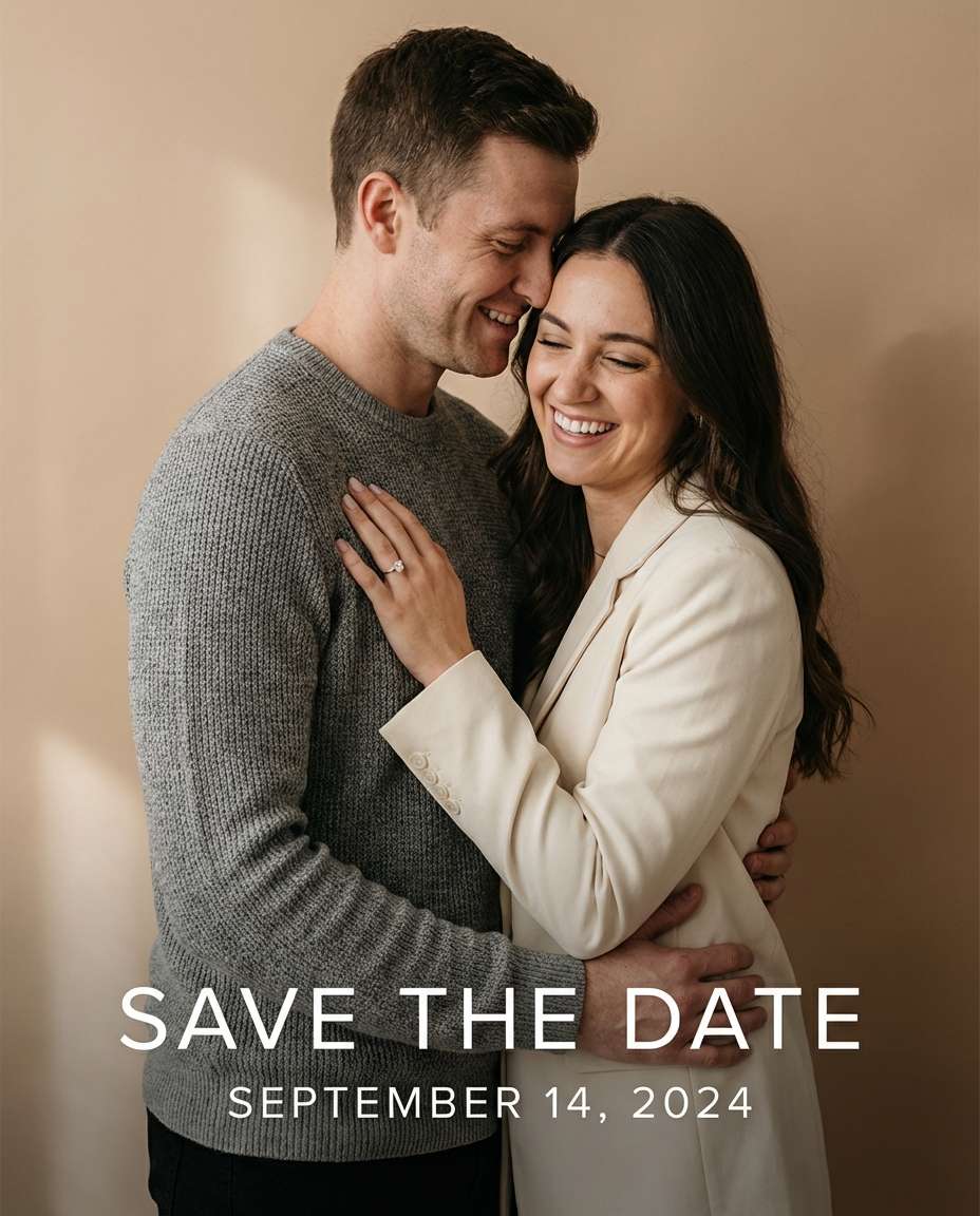 Minimal Type Overlay AI portrait — Gemini AI Save The Date Prompt