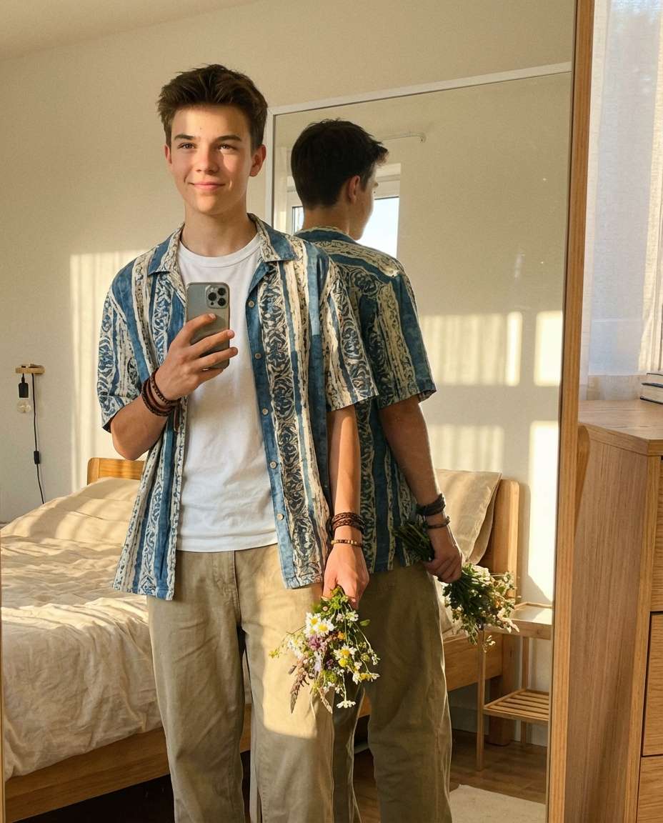 Mirror OOTD Flowers AI portrait example — AI Flower Photo Prompt for Boys