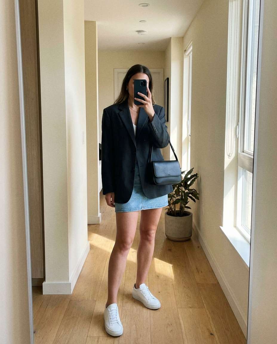 Mirror Outfit Check AI portrait — Gemini AI Denim Skirt Prompt