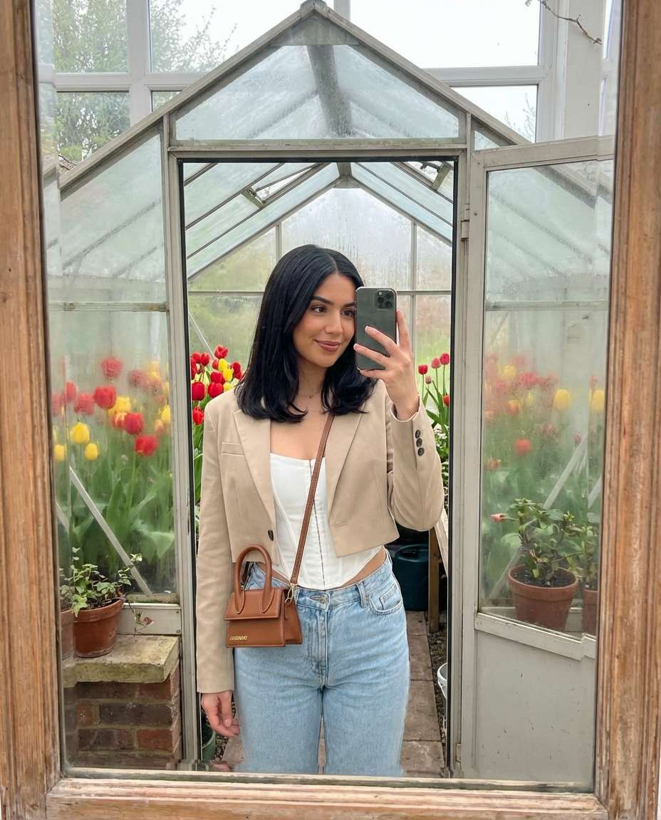 Mirror Selfie OOTD AI portrait example — AI Tulip Garden Photography Prompt