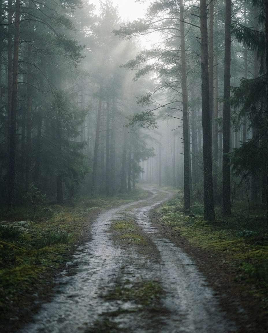 Misty Pine Trail AI portrait example — Gemini AI Landscape Photo Prompt