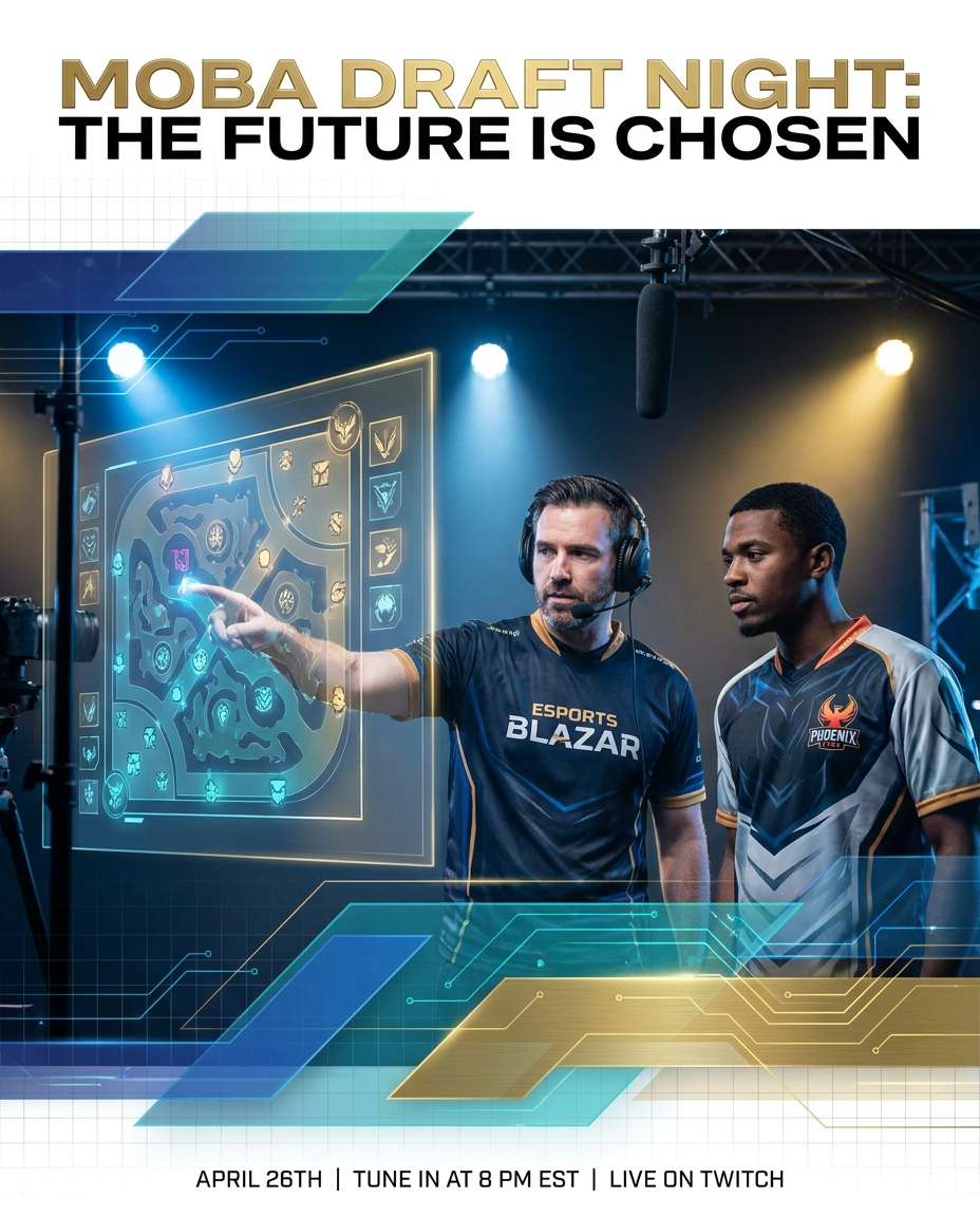 MOBA Draft Night AI portrait — Gemini AI Esports Poster Prompts