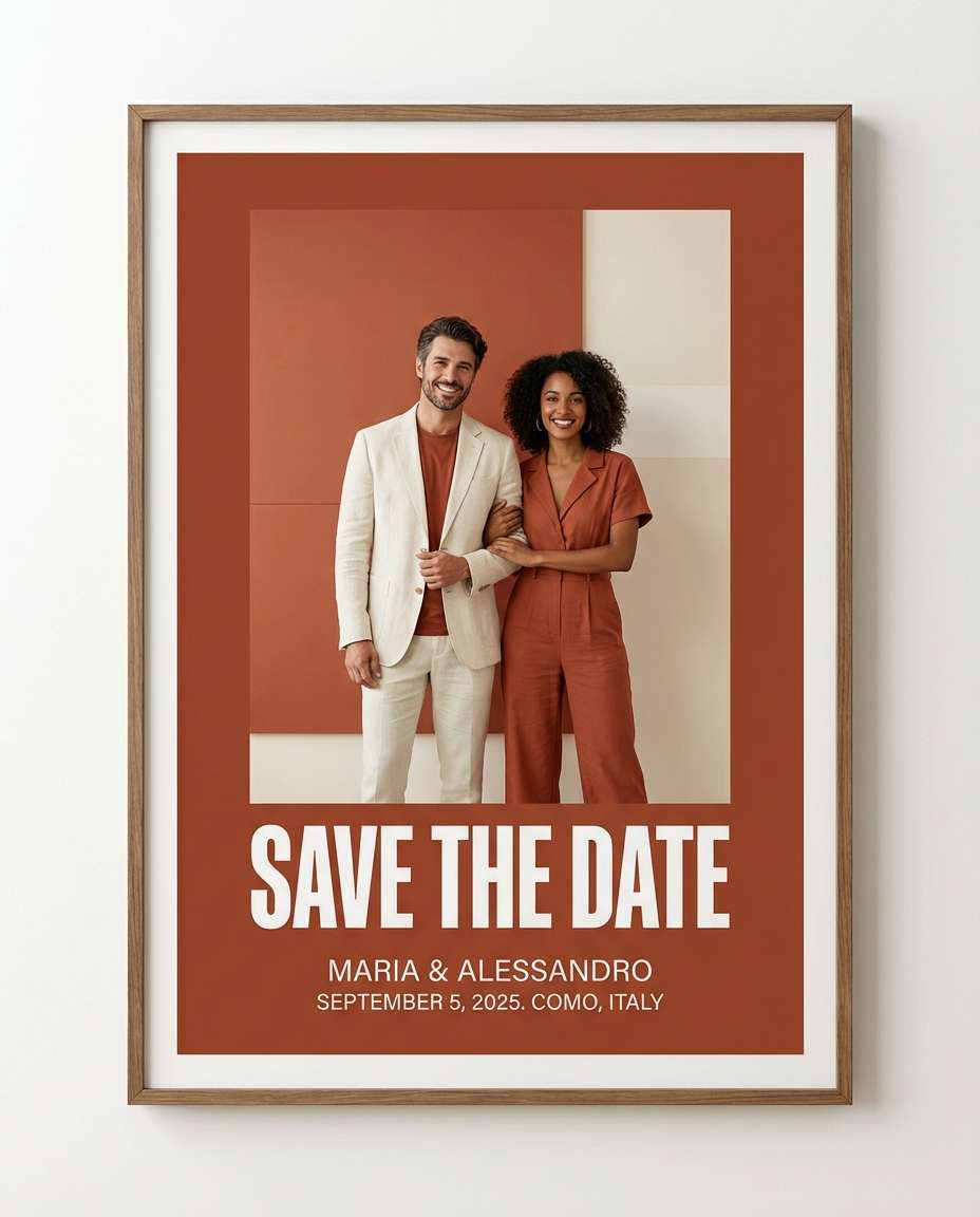 Modern Color Block AI portrait example — Gemini AI Save The Date Prompt