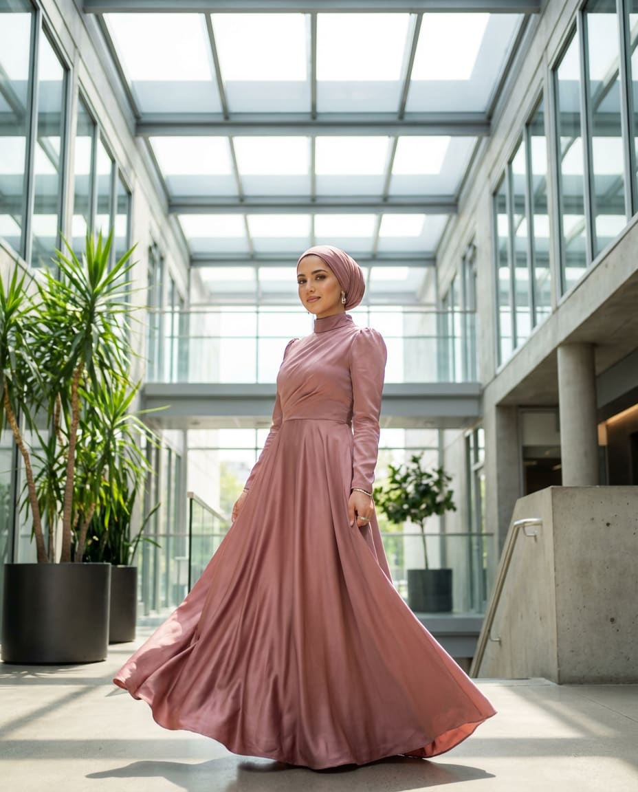 Modest Satin Elegance AI portrait — Gemini AI Prom Dress Prompt