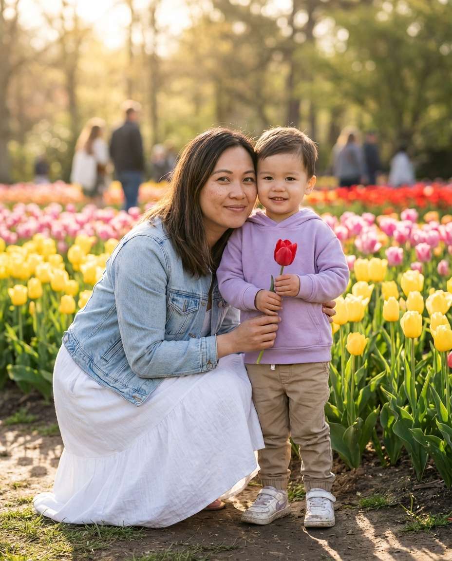 Mom and Child AI portrait example — AI Tulip Garden Photography Prompt