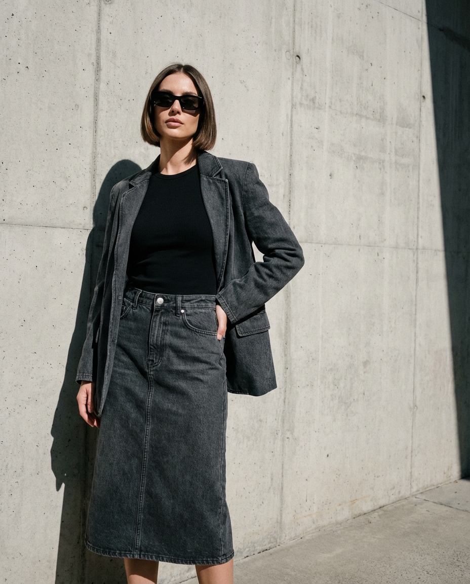 Monochrome Minimal Look AI portrait — Gemini AI Denim Skirt Prompt