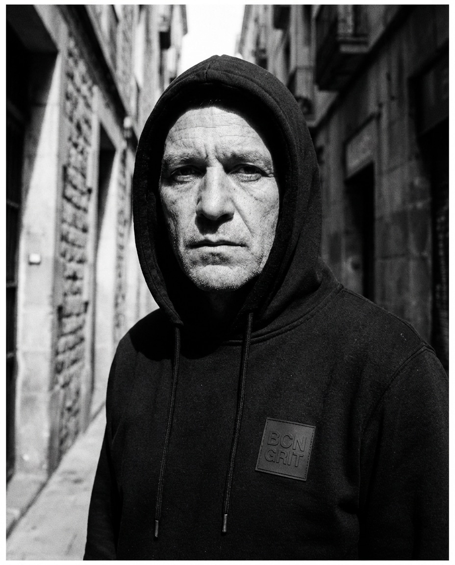 Monochrome Street Mood AI portrait — Gemini AI Barcelona Hoodie Prompt
