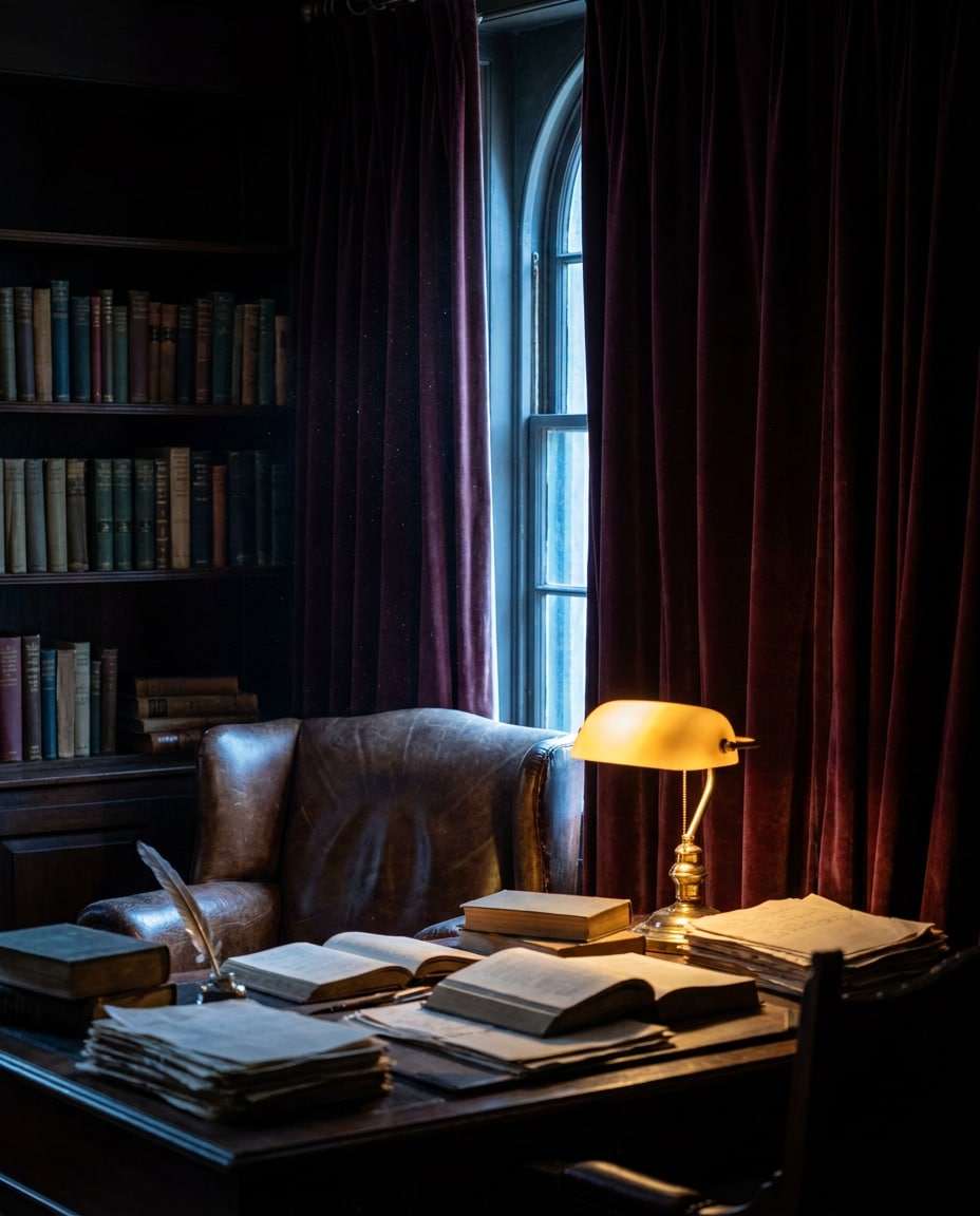 Moody Dark Academia AI portrait example — Gemini AI Curtain Image Prompts