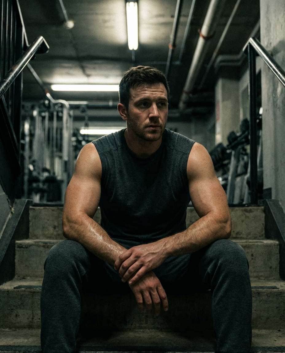 Moody Stairwell Pump AI portrait — Gemini Gym Photo Prompt