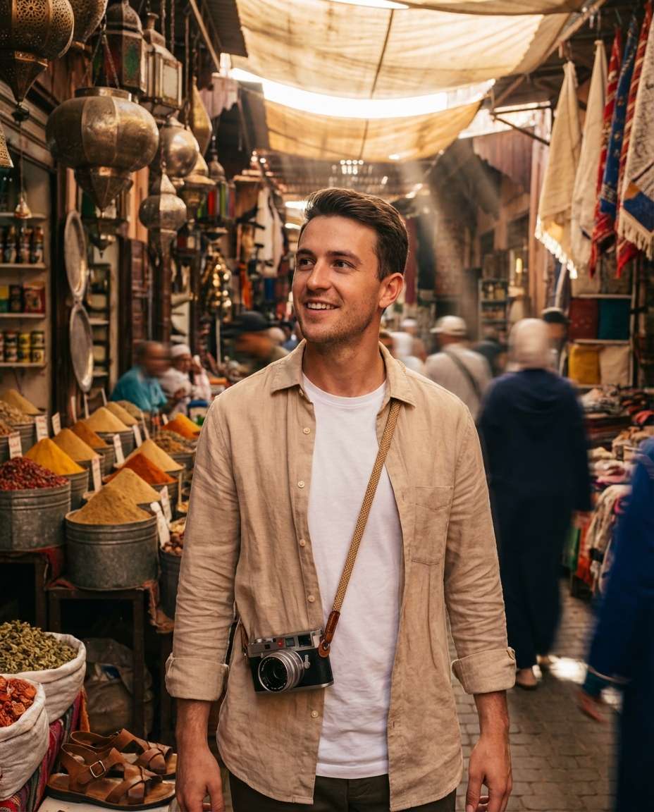 Moroccan Market Colors AI portrait example — AI Travel Photography Prompt