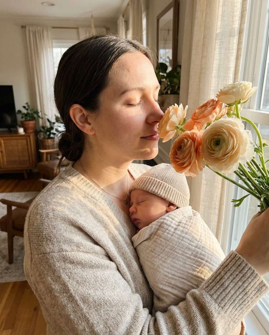 Mother-Baby Bouquet Hug AI portrait example — AI Baby Flower Photo Prompt