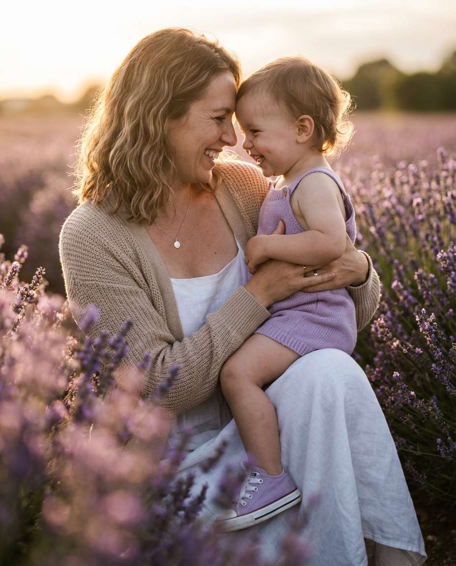 Mother Child Hug AI portrait example — AI Lavender Field Photo