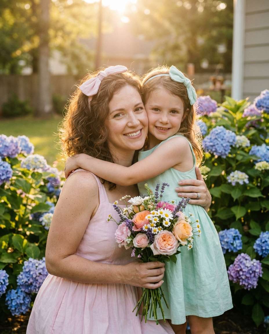 Mother Daughter Bouquet AI portrait example — AI Flower Photo Prompt for Girls
